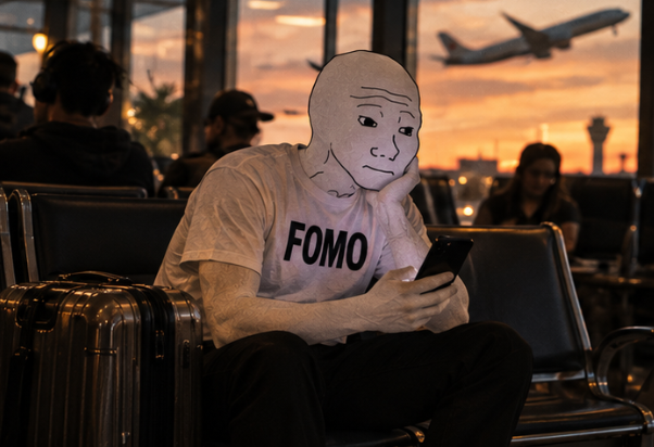 Wojak at the airport staring at his phone