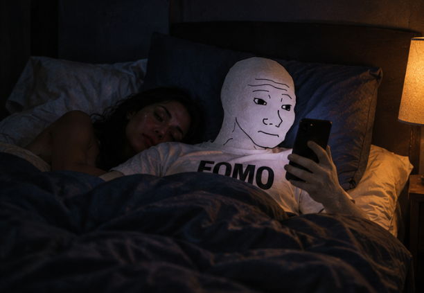 Wojak in bed checking his phone while someone sleeps