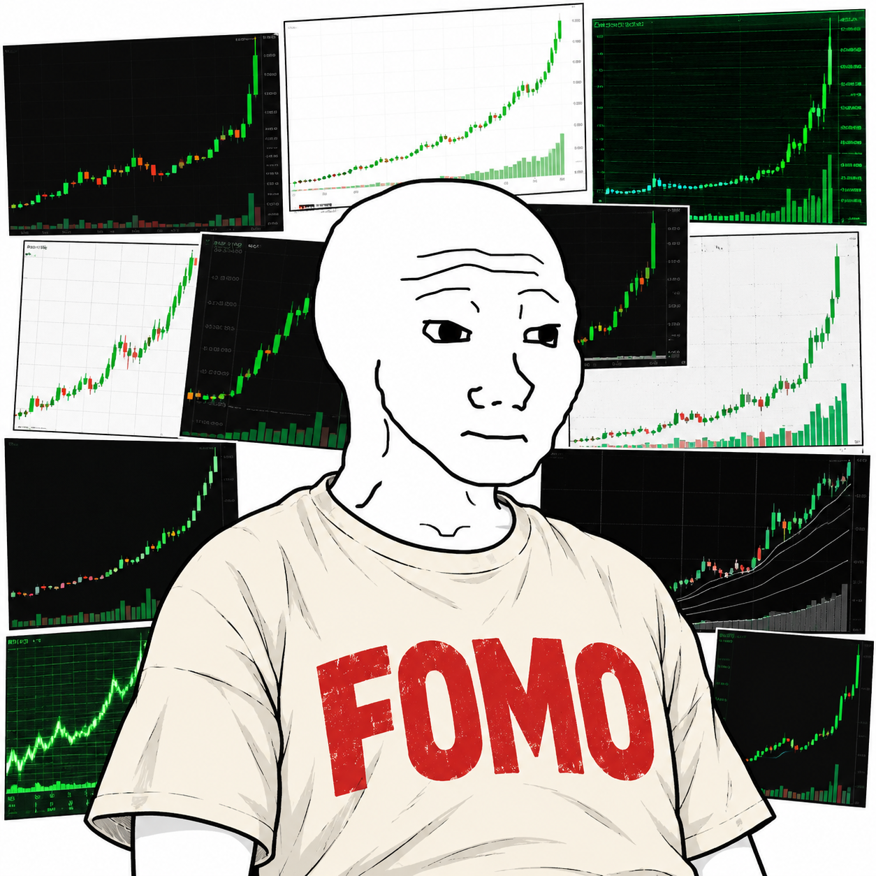 Wojak wearing a red FOMO shirt in front of green trading charts